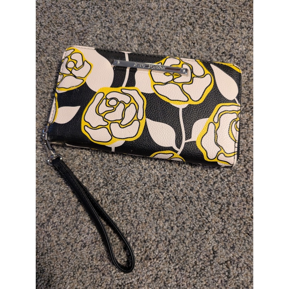Betsey Johnson Womens Black White Yellow Rose Floral Zip Around Wristlet Wallet‎